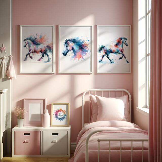 Girls Horse Nursery Prints - Pink 3 Horses Posters - Kids Pony Print Room Wall Art Girl Bedroom Decor Playroom Artwork Gifts - image 1