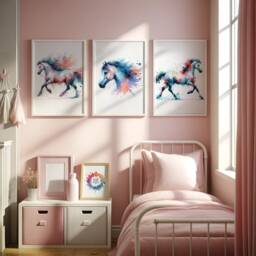 Girls Horse Nursery Prints - Pink 3 Horses Posters - Kids Pony Print Room Wall Art Girl Bedroom Decor Playroom Artwork Gifts - thumbnail 1