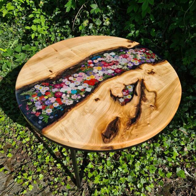 Sofa Table, Coffee Round, Led Floral Design, Epoxy Resin Artwork, River Black, As Per Customer Request - image 1