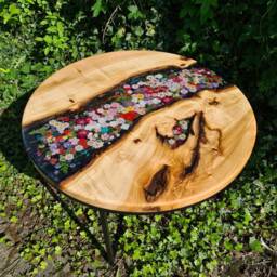 Sofa Table, Coffee Round, Led Floral Design, Epoxy Resin Artwork, River Black, As Per Customer Request - thumbnail 1