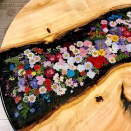 Sofa Table, Coffee Round, Led Floral Design, Epoxy Resin Artwork, River Black, As Per Customer Request - thumbnail 3