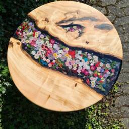 Sofa Table, Coffee Round, Led Floral Design, Epoxy Resin Artwork, River Black, As Per Customer Request - thumbnail 2