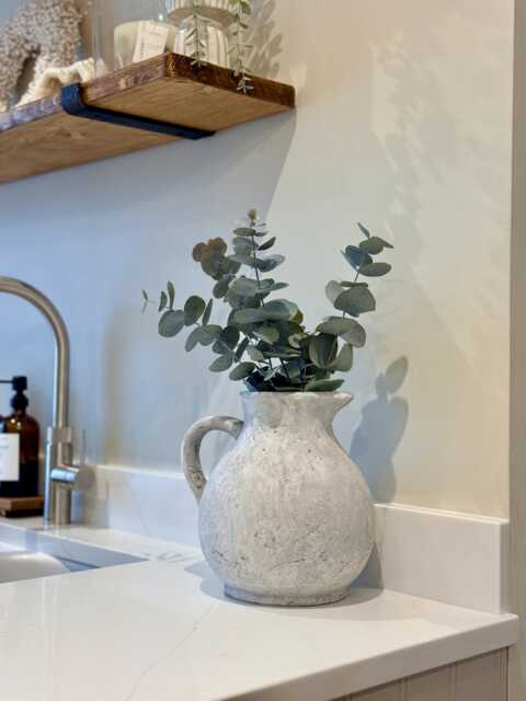 Stone Jug Vase - Distressed Grey Concrete Effect Farmhouse Neutral Home Decor With Eucalyptus Stems - image 1