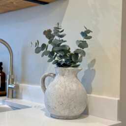 Stone Jug Vase - Distressed Grey Concrete Effect Farmhouse Neutral Home Decor With Eucalyptus Stems - thumbnail 2