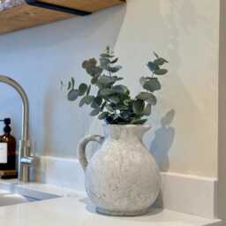 Stone Jug Vase - Distressed Grey Concrete Effect Farmhouse Neutral Home Decor With Eucalyptus Stems - thumbnail 3