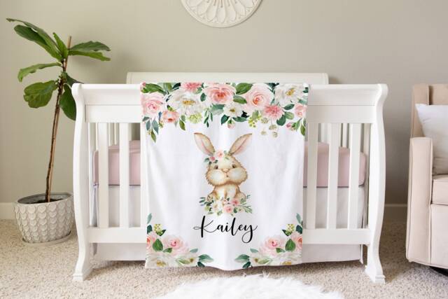 Floral Personalized Baby Blanket, Gift, Bunny Coming Home Hospital Shower Gift Birthday Animal - image 1