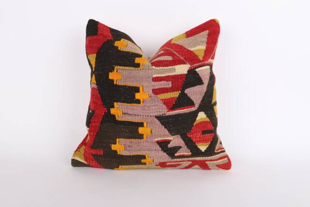 Vintage Turkish Kilim Pillow Cover Handwoven Wool Cushion - 16x16 - image 1