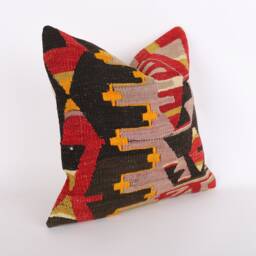 Vintage Turkish Kilim Pillow Cover Handwoven Wool Cushion - 16x16 - thumbnail 3