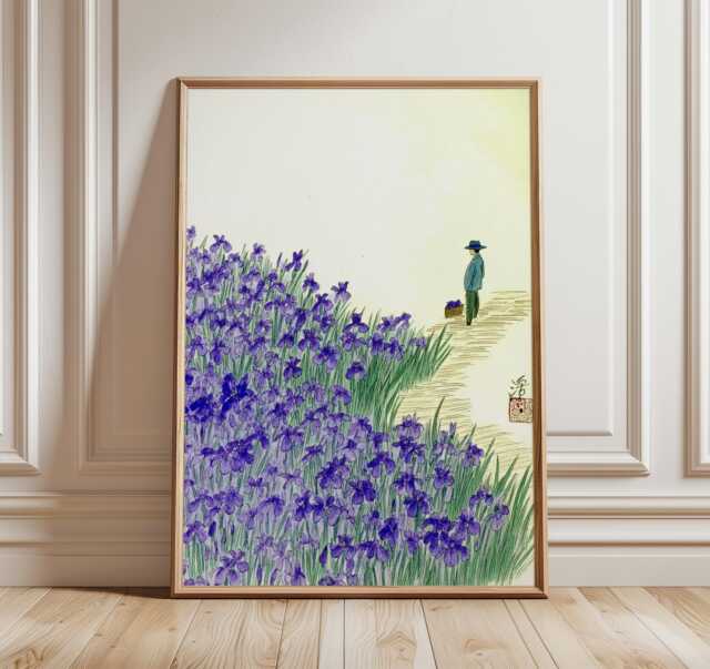 Chinese Watercolor Wall Art, Scholar Walking Through Iris Path, Traditional Ink Painting, Oriental Nature Decor, Zen Landscape Poster - image 1