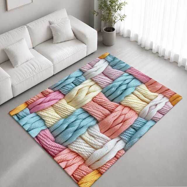 Pastel Blue Pink Braided Thread Weave Rug Non-Slip Soft Area Carpet Bedroom Living Room Hallway Mat Decor - Made in UK - image 1