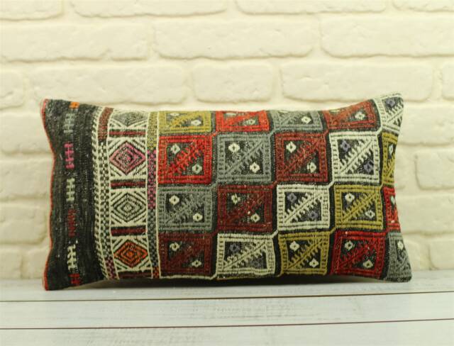 Handmade Kilim Lumbar Pillow Cover Vintage Turkish Rug - 12'' X 24'' - image 1