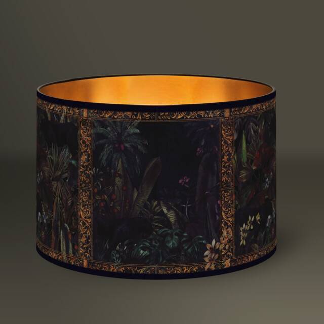Tropical Black Lampshade, Luxuriant Exotic Patterns, Golden Interior, Unique Decorative Element, Handmade in France - image 1