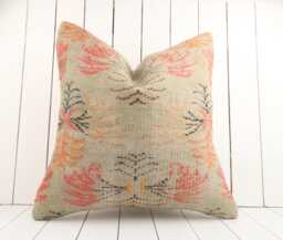 Turkish Kilim Pillow Cover Handmade Anatolian Throw - 24x24 Inch - thumbnail 1