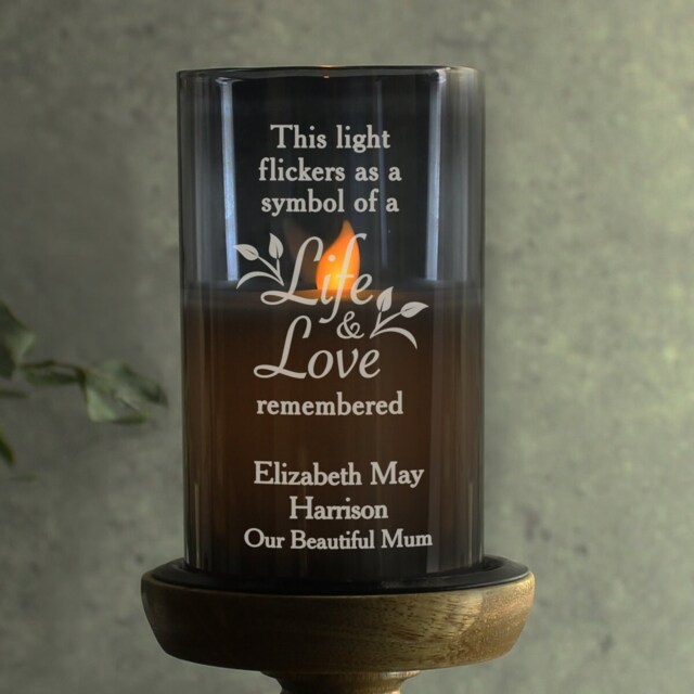 Personalised Memorial Led Candle Smoked Glass Keepsake Tribute Gift - image 1