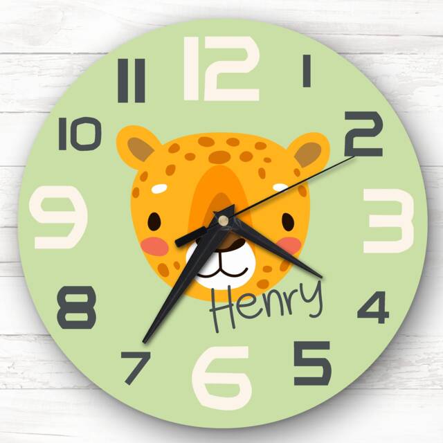 Kids Room Cute Tiger Face Green Custom Gift Personalised Clock - image 1