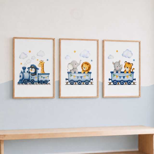 Safari Train Prints - Set Of 3 Boys Nursery Wall Art, Kids Bedroom Posters - image 1