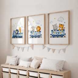 Safari Train Prints - Set Of 3 Boys Nursery Wall Art, Kids Bedroom Posters - thumbnail 3