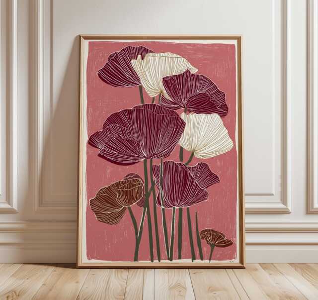 Modern Floral Art Print, Burgundy Poppy Wall Art, Minimalist Botanical Poster, Contemporary Flower Illustration, Abstract Home Decor - image 1