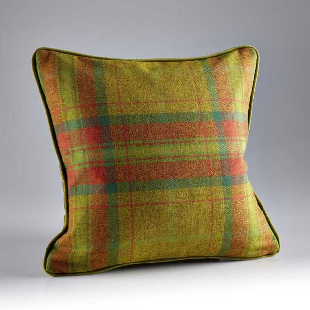 Green Check Shetland Wool Cushion - Olive Velvet Reverse Feather Filled Made in England - image 1