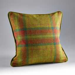 Green Check Shetland Wool Cushion - Olive Velvet Reverse Feather Filled Made in England - thumbnail 1