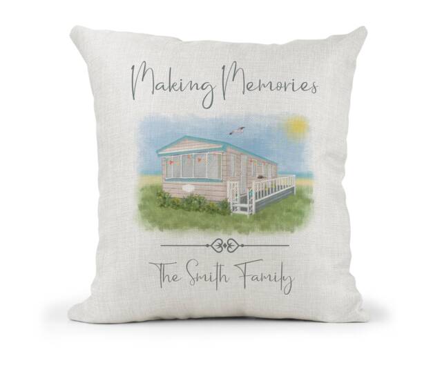 Personalised Caravan Static Cream Canvas Cushion, Scenic Pic Making Memories, Family Gift.. Wedding, Anniversary Gift - image 1