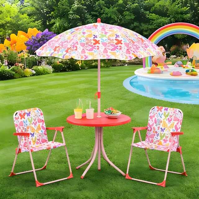 Kids Butterfly Picnic Table & Chair Set With Parasol - Outdoor Play Furniture - image 1