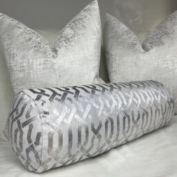Handmade Silver Textured Velour Bolster Pillow, Duck Feather Cushion - 16x6, Geo Geometric Design , Sofa Bed