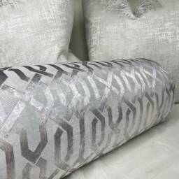 Handmade Silver Textured Velour Bolster Pillow, Duck Feather Cushion - 16x6, Geo Geometric Design , Sofa Bed - thumbnail 3