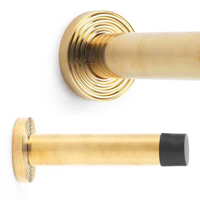 Polished Brass Cylinder Projected Door Stop On Reeded Backplate Doors Projection - image 1