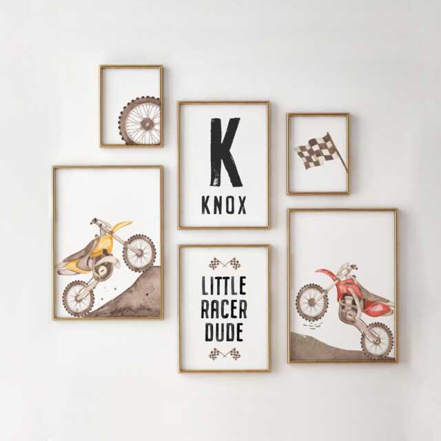 Personalised Motorbike Wall Art Set Of 6, Boys Racing Bedroom Prints - image 1