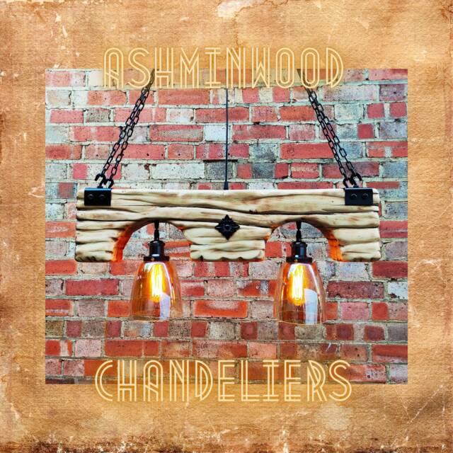 Wood Beam Chandelier- Lights - 2 Pendant Glass Shade Wooden Chandelier Rustic Farmhouse Hanging Lamp Indoor Lighting Ceiling - image 1