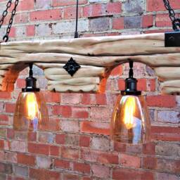 Wood Beam Chandelier- Lights - 2 Pendant Glass Shade Wooden Chandelier Rustic Farmhouse Hanging Lamp Indoor Lighting Ceiling - thumbnail 3