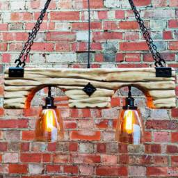 Wood Beam Chandelier- Lights - 2 Pendant Glass Shade Wooden Chandelier Rustic Farmhouse Hanging Lamp Indoor Lighting Ceiling - thumbnail 2