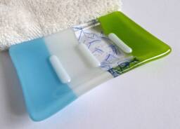 Fused Glass Soap Dish in Cyan Blue, White & Spring Green By Bprdesigns