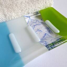 Fused Glass Soap Dish in Cyan Blue, White & Spring Green By Bprdesigns - thumbnail 3