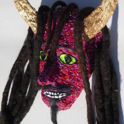 Red Devil Mask Wall Art Gold Horns, Dreadlocks By Anthony Saldivar - thumbnail 4