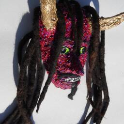 Red Devil Mask Wall Art Gold Horns, Dreadlocks By Anthony Saldivar - thumbnail 2