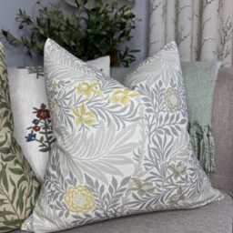 Handmade William Morris Floral Pillow Cover Beige Grey Yellow Design - thumbnail 1