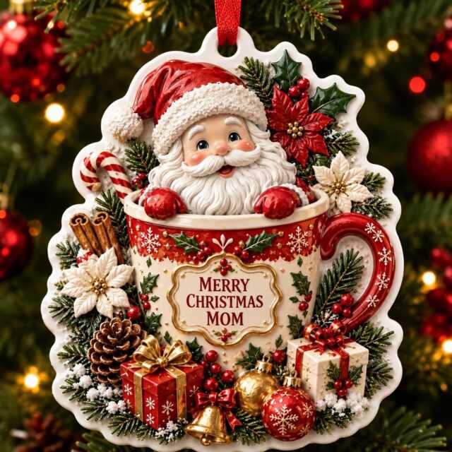 Merry Christmas Mom Santa Mug Ornament 3D , Personalized Resin Holiday Decor, Festive Family Gift, Unique Tree Hanging Decoration - image 1