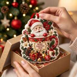 Merry Christmas Mom Santa Mug Ornament 3D , Personalized Resin Holiday Decor, Festive Family Gift, Unique Tree Hanging Decoration - thumbnail 3