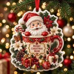 Merry Christmas Mom Santa Mug Ornament 3D , Personalized Resin Holiday Decor, Festive Family Gift, Unique Tree Hanging Decoration - thumbnail 2