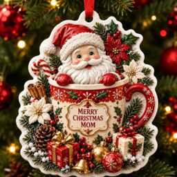 Merry Christmas Mom Santa Mug Ornament 3D , Personalized Resin Holiday Decor, Festive Family Gift, Unique Tree Hanging Decoration