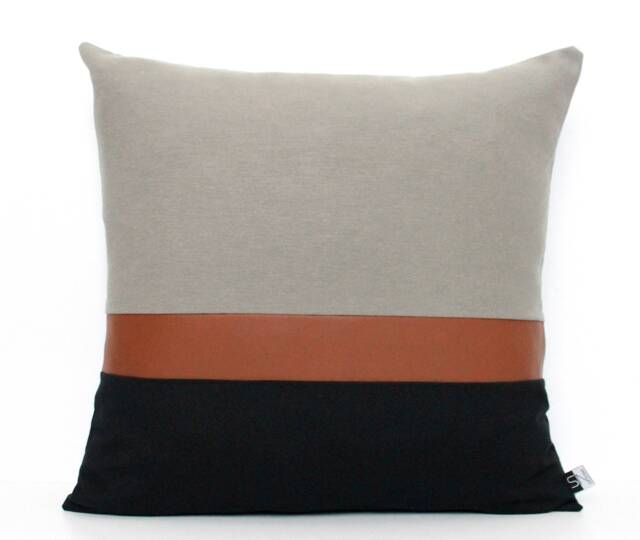 Dark Grey, Brown Faux Leather & Black Colorblock Pillow Cover - All Sizes, Home Gifts For You - image 1