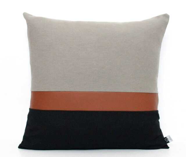 Dark Grey, Brown Faux Leather & Black Colorblock Pillow Cover - All Sizes, Home Gifts For You - image 1