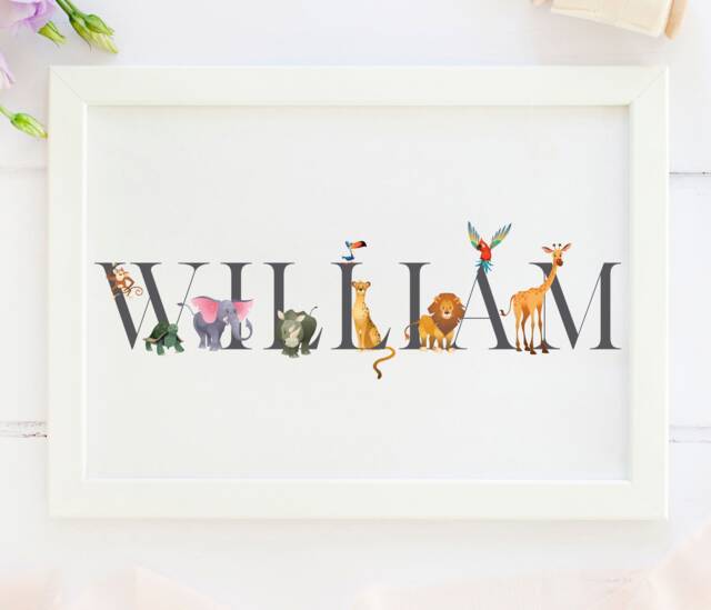 Animal Name Print, New Baby Gift, Safari Animals Themed Nursery, Personalised Print For Girl, Keepsake Gift - image 1
