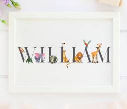 Animal Name Print, New Baby Gift, Safari Animals Themed Nursery, Personalised Print For Girl, Keepsake Gift - thumbnail 1