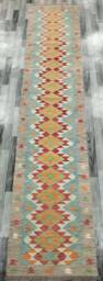 Large Runner Rug, Handmade Artisan Afghan Turkish Aztec Navajo Wool Kilim Rug 385x80 cm - thumbnail 1