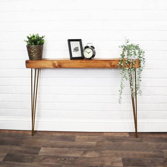Rustic Console Table Slimline Chunky With Brass Hair Pin Legs - Reclaimed Timber Style Solid Wood Furniture - image 1