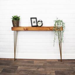 Rustic Console Table Slimline Chunky With Brass Hair Pin Legs - Reclaimed Timber Style Solid Wood Furniture