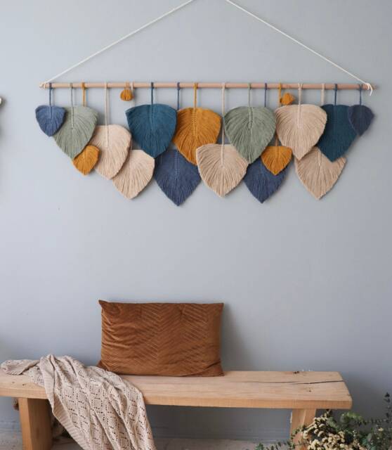 Large Macrame Leaves Wall Hanging Boho Art Decor, Housewarming Gift, Blue & Beige - image 1